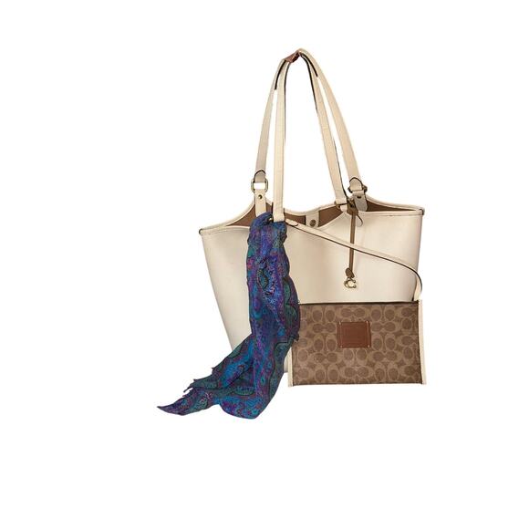 COACH Authentic City Tote White Brown Signature Canvas Large w/ Zip Pouch $295 - Picture 12 of 15